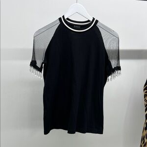 Pinko Black Top with Sheer Chandelier Trim Sleeves